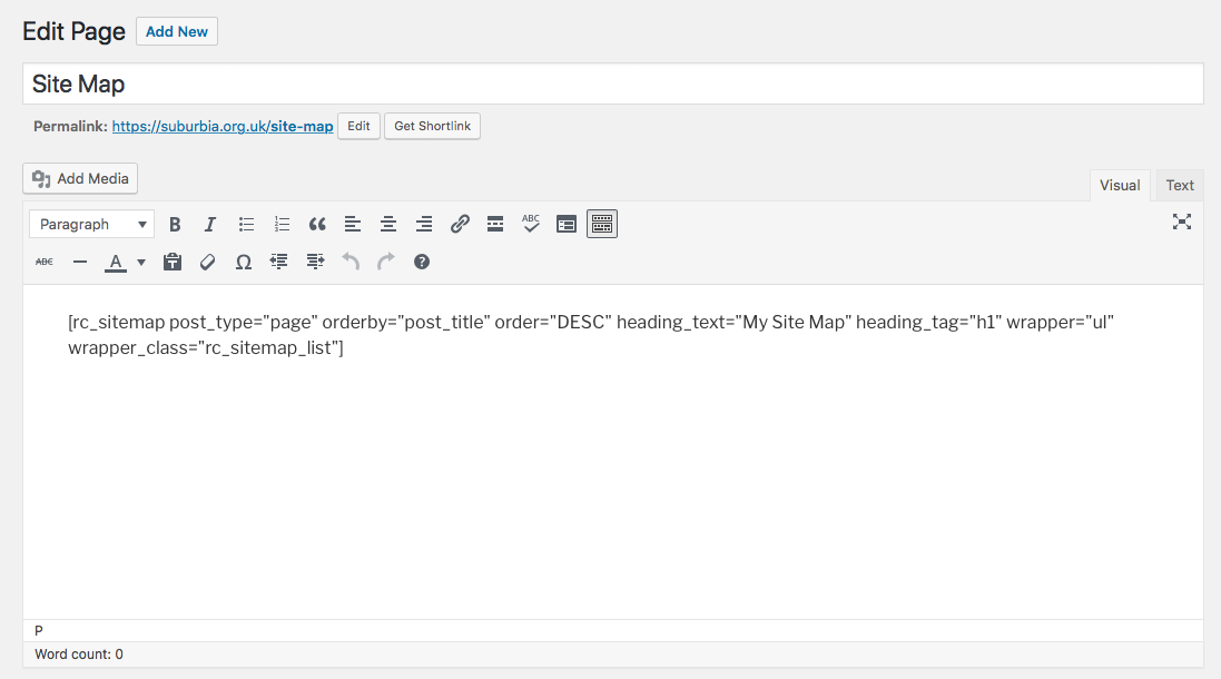 This screen shot shows an example shortcode being entered in the WordPress editor.