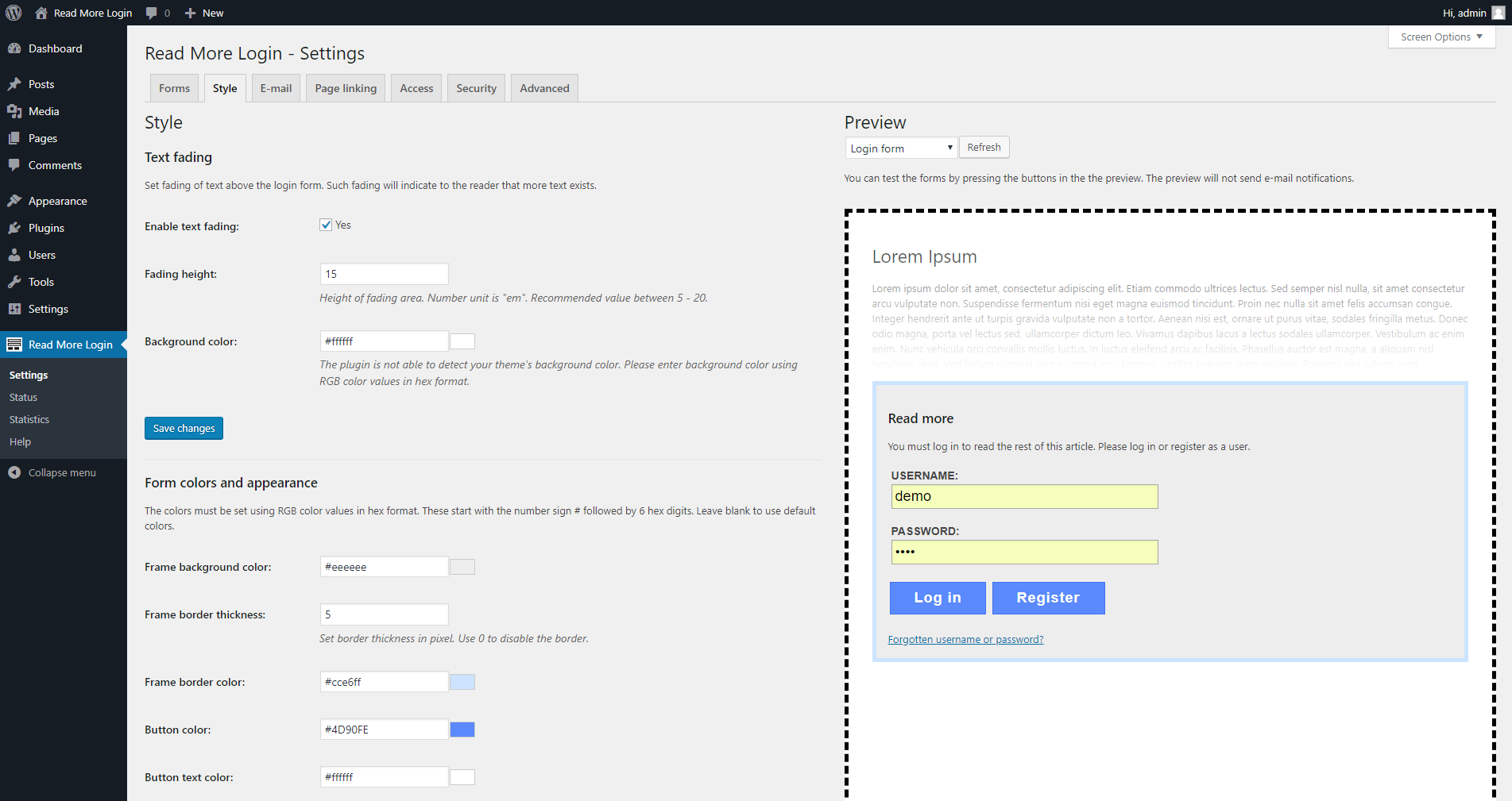 Admin page for style, color and animation settings. The preview will show how it will look like.