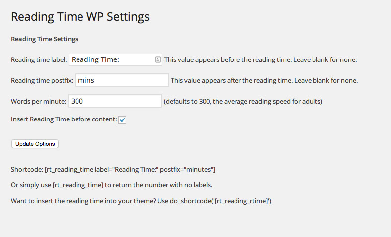 The options available in Reading Time WP.