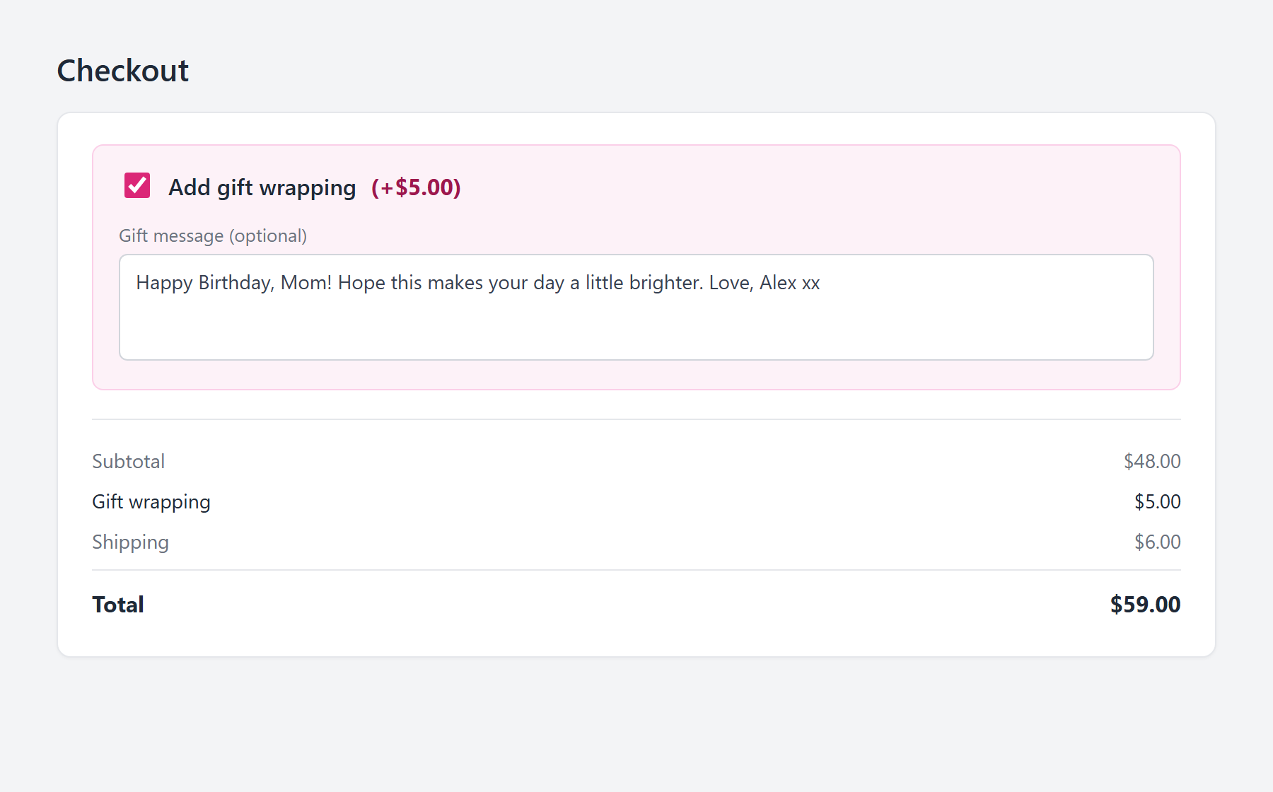 The gift-wrap option and gift message on the checkout page.