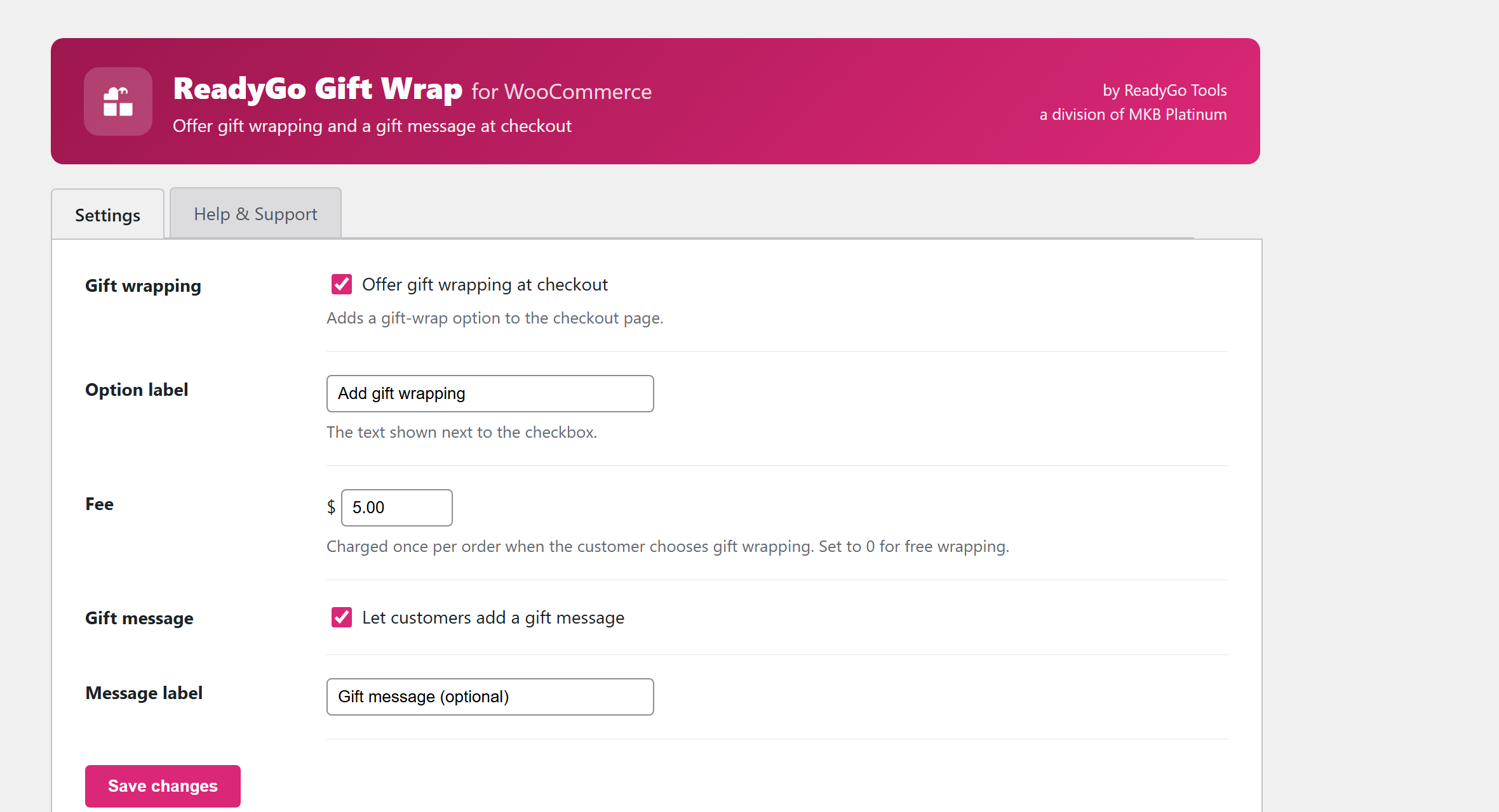 The settings — turn on gift wrapping, set your fee and labels, and toggle the gift message.