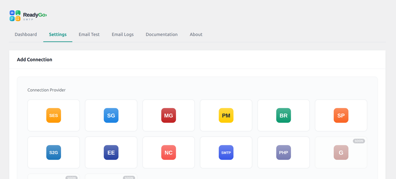 Add Connection — pick from 14 SMTP & API providers.