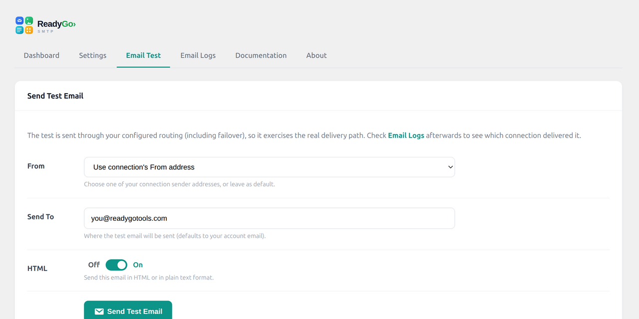 Email Test — send a test through your live routing.