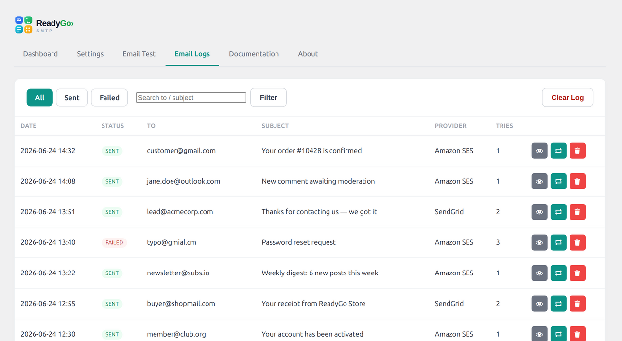 Email Logs — every message with its status and failover trail.
