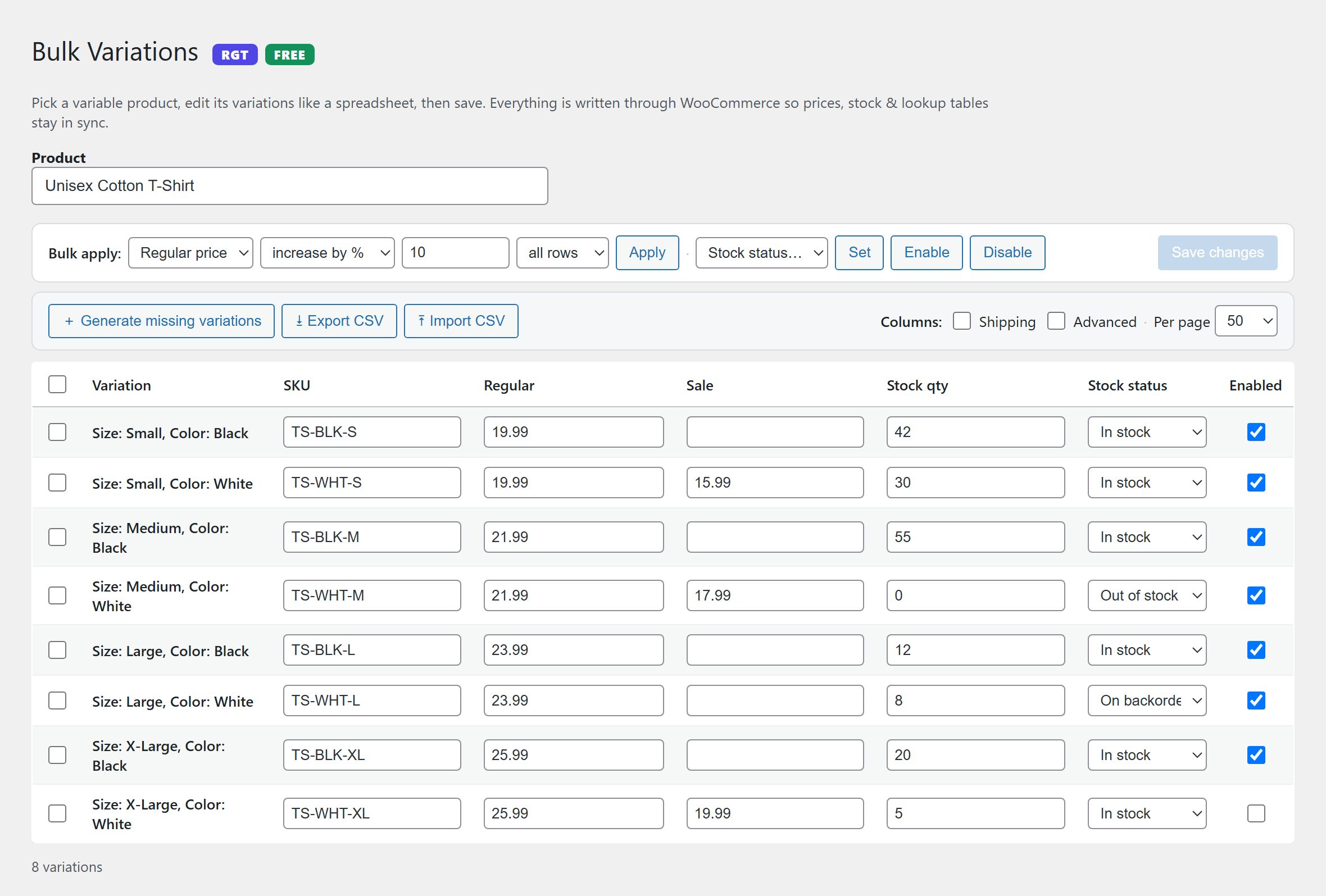 The spreadsheet editor — every variation for a product in one grid, with inline editing of price, sale, stock, SKU and status.