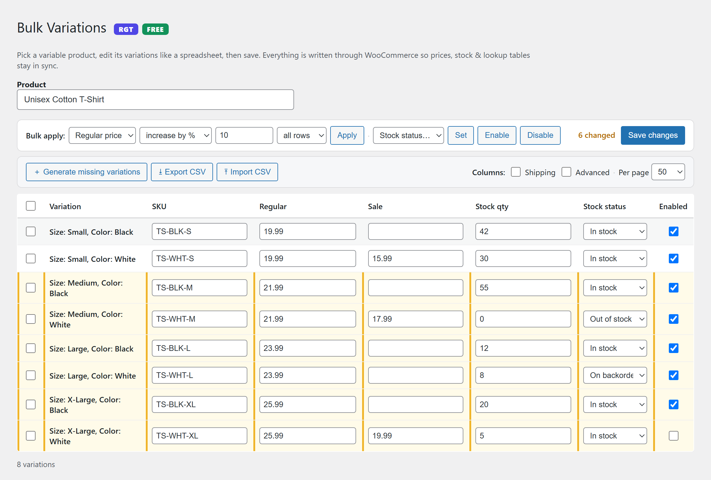 Bulk apply — set, increase or decrease any field across all rows or just the ones you select, with changed rows highlighted and saved in one click.