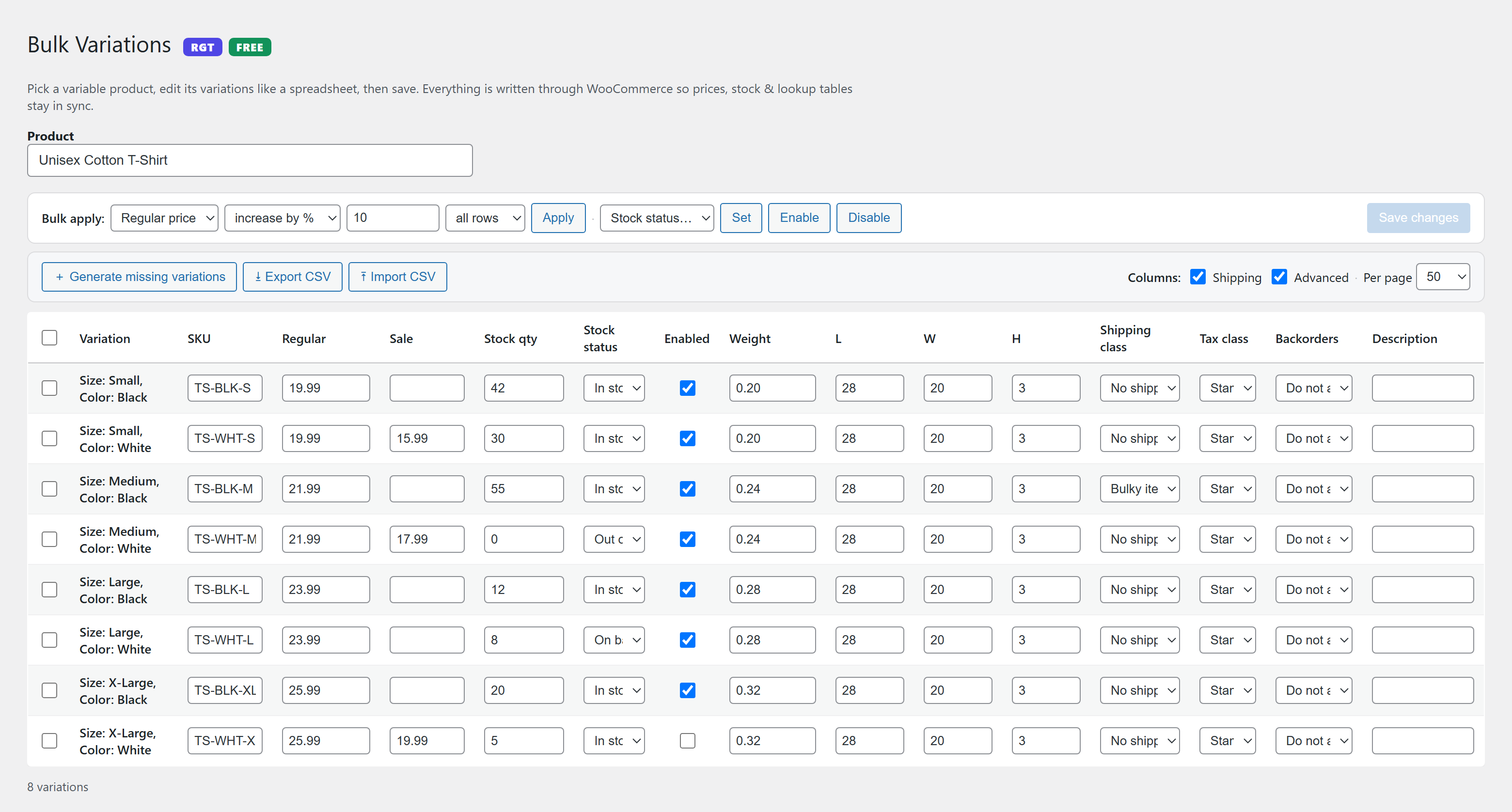 Optional Shipping and Advanced columns (weight, dimensions, shipping class, tax class, backorders, description), plus one-click Generate missing variations and CSV import / export.