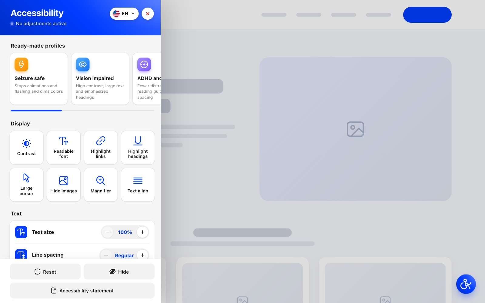 The accessibility menu with its 7 ready-made profiles and display adjustments.