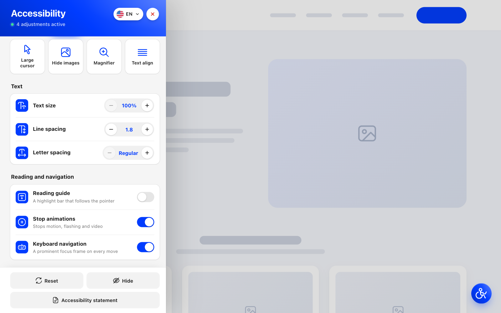 Text size, spacing, reading guide, stop animations and keyboard navigation, with a link to your accessibility statement.
