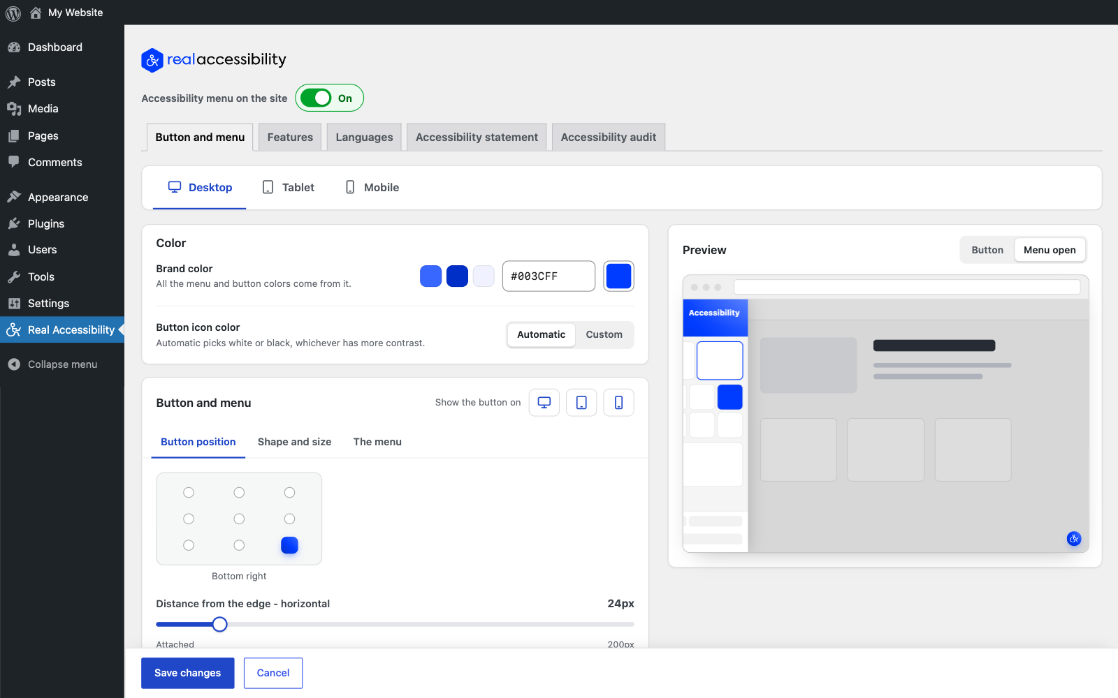 Button settings with a live preview: color, shape, size and position for desktop, tablet and mobile.