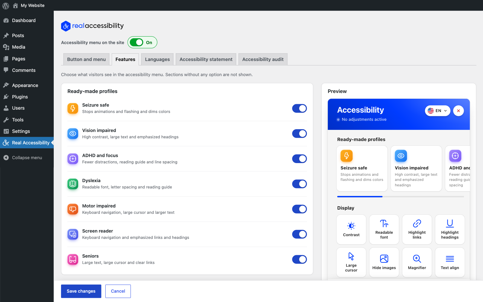 Choosing which profiles and adjustments the menu offers, with a live preview.