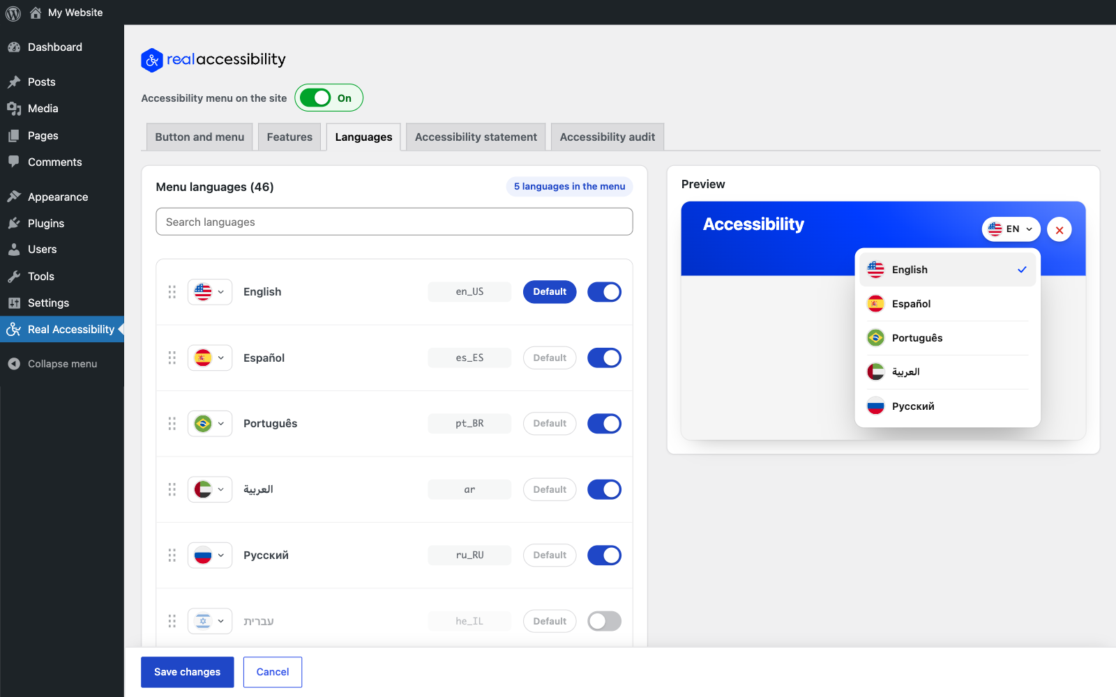 Menu languages: 46 languages, each with the flag you choose.