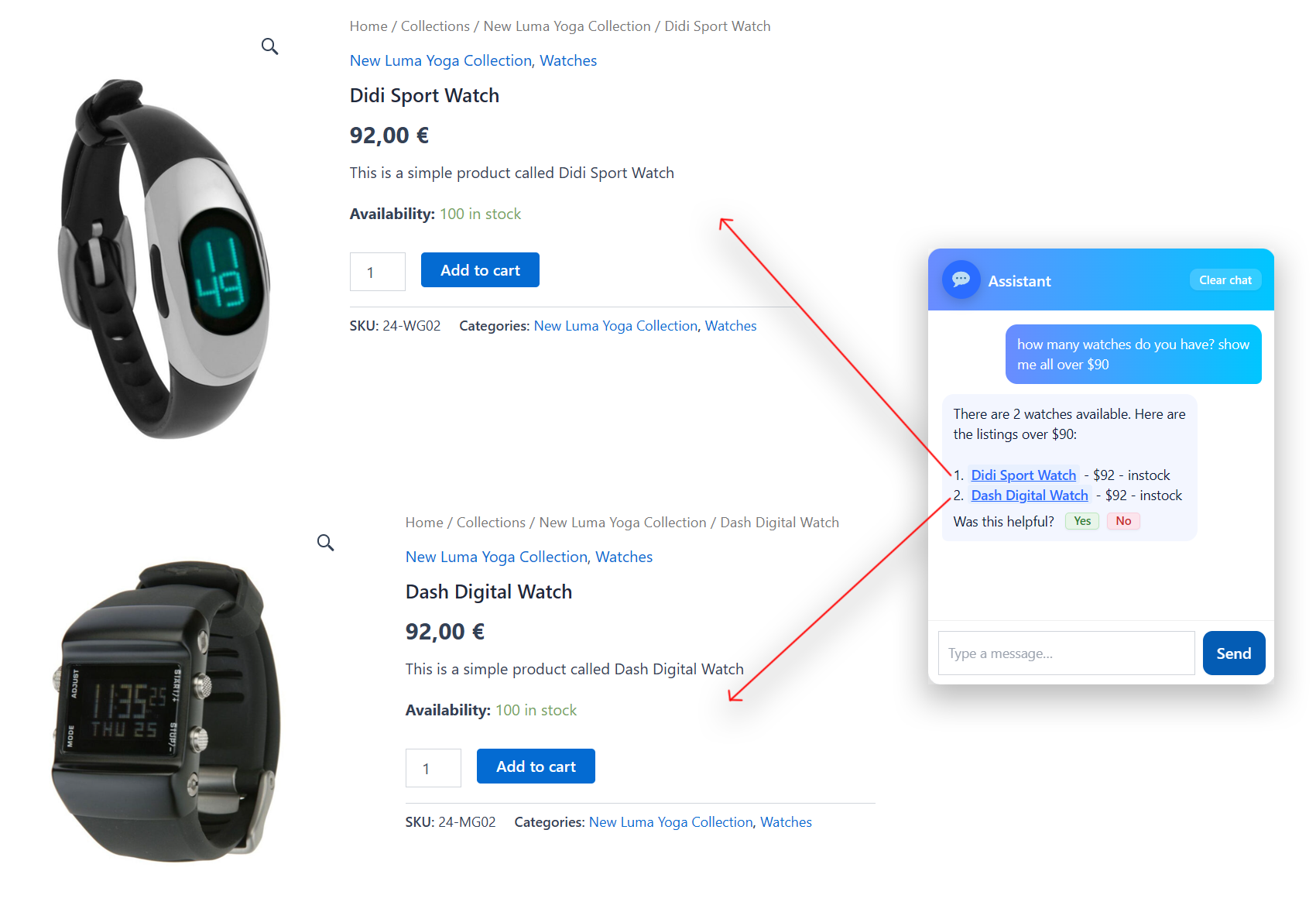Storefront widget — product search — Customer asks "how many watches and how many over " and gets exact matches from the catalog with images, prices, and direct links. The assistant response points to each product result.