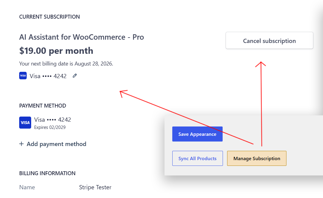 Manage subscription — Collage showing the "Manage Subscription" button in the plugin settings (left) and the Stripe billing portal (right) with customer info and cancel/resume options.
