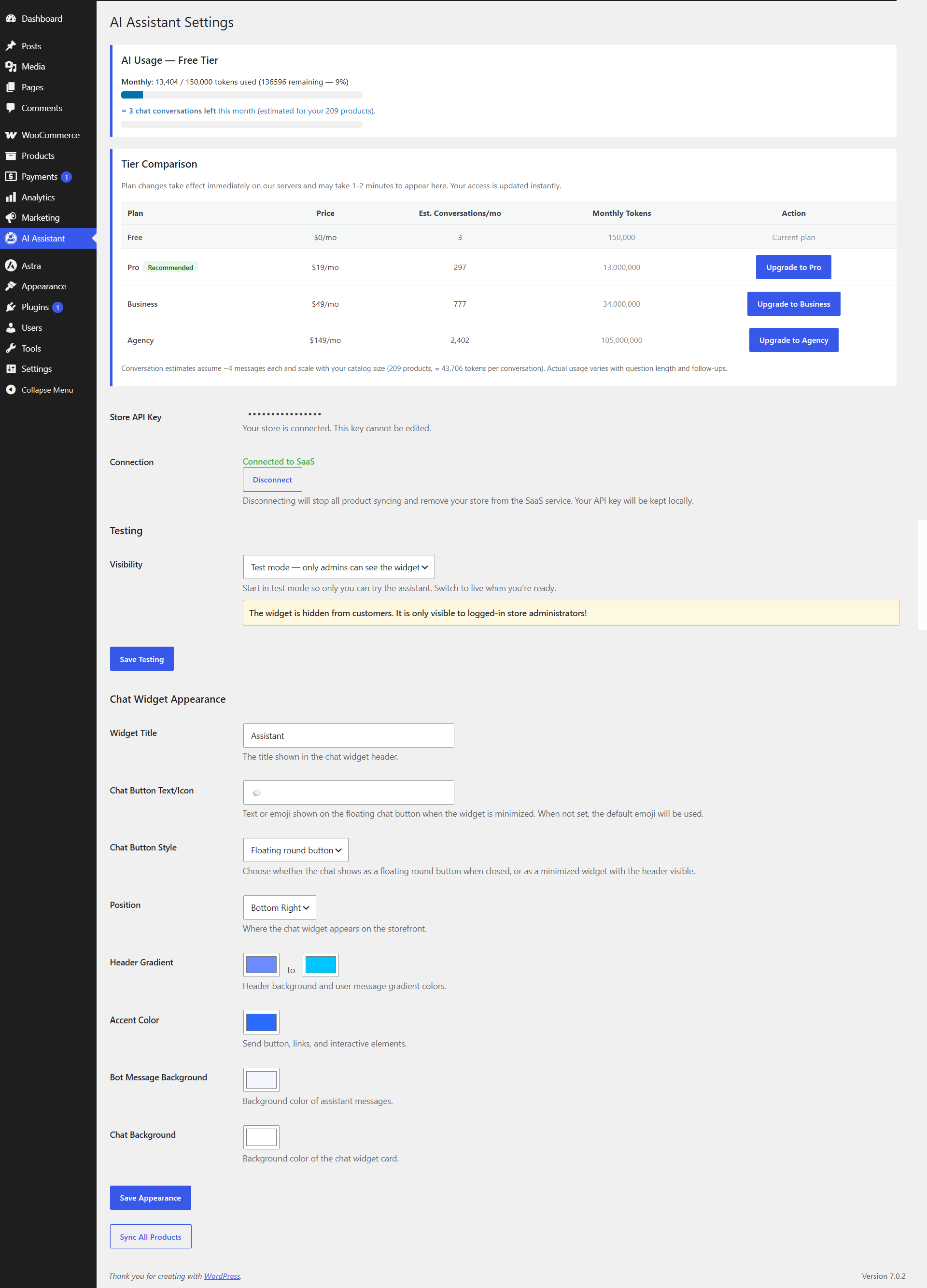 Admin area overview — Full view of the plugin settings page in free tier mode with the store already connected. Shows the complete admin interface with all options: API key, connection status, appearance settings, usage meters, tier comparison, and action buttons.