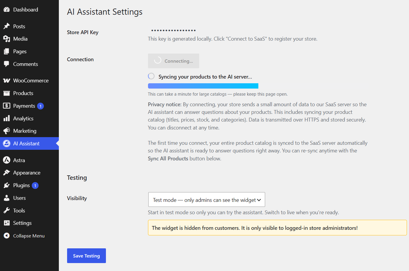 Admin settings — Connect & Sync — Shows the connection area with the "Connect to SaaS" button and the progress bar that appears during store registration and initial product sync.