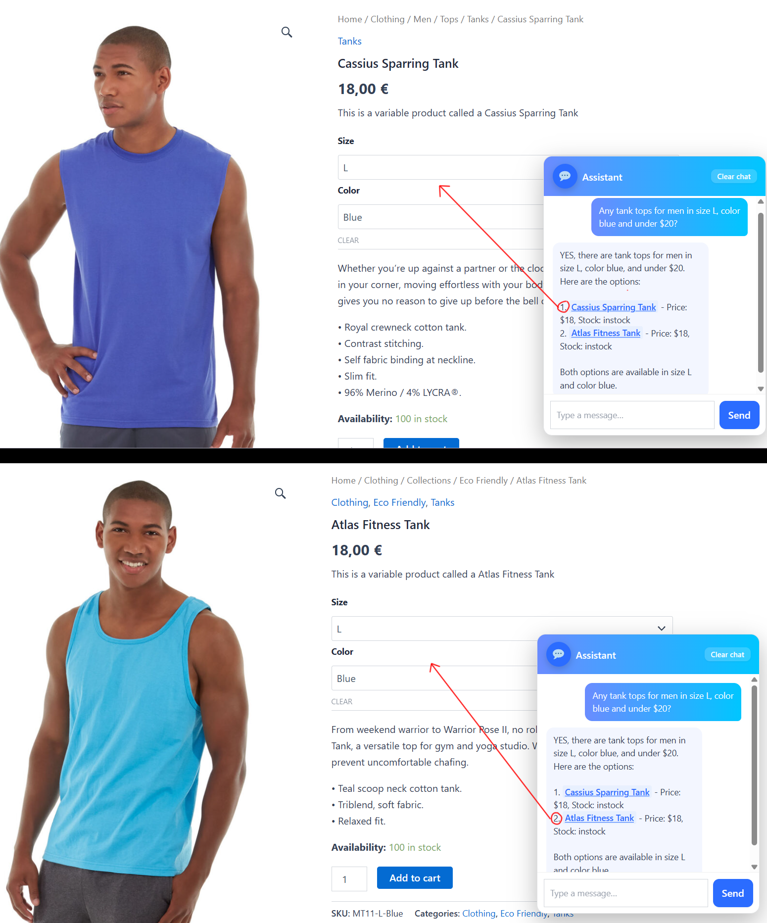 Storefront widget — filtered search — Customer asks for "blue men tank top in size L" and the assistant returns exact matches with images, prices, and links. The response clearly points to each product in the result collage.