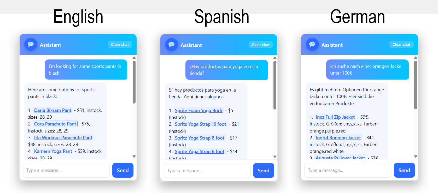 Storefront widget — multilingual — Collage of three widget conversations from the same English-language shop, showing the assistant responding in English, Spanish, and German. The shop language is English, but the assistant easily adapts to the customer's browser language.
