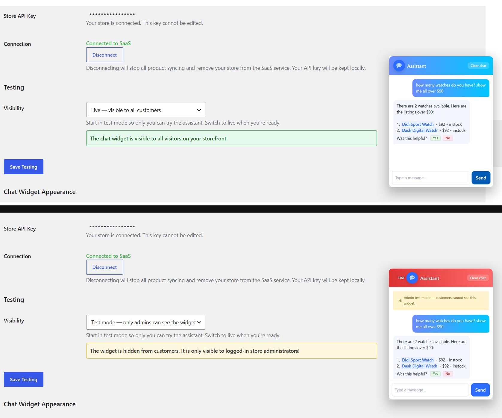 Test mode — Collage showing the test mode toggle in settings (left) and the resulting widget visibility (right). Top row: test mode set to "Admin only" with the widget visible. Bottom row: test mode set to "Visible for all" with the widget shown to everyone.