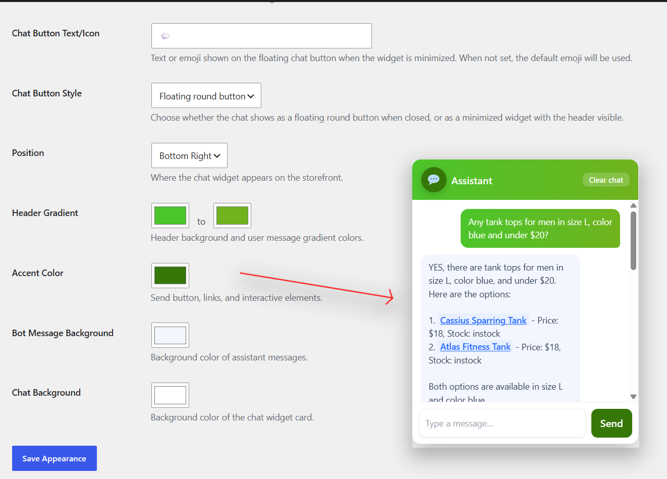 Widget customization — Side-by-side view of the styling settings (left) and the live widget preview (right). Green color scheme selected with header gradient, accent color, bot background, and chat card background all updated in real time.