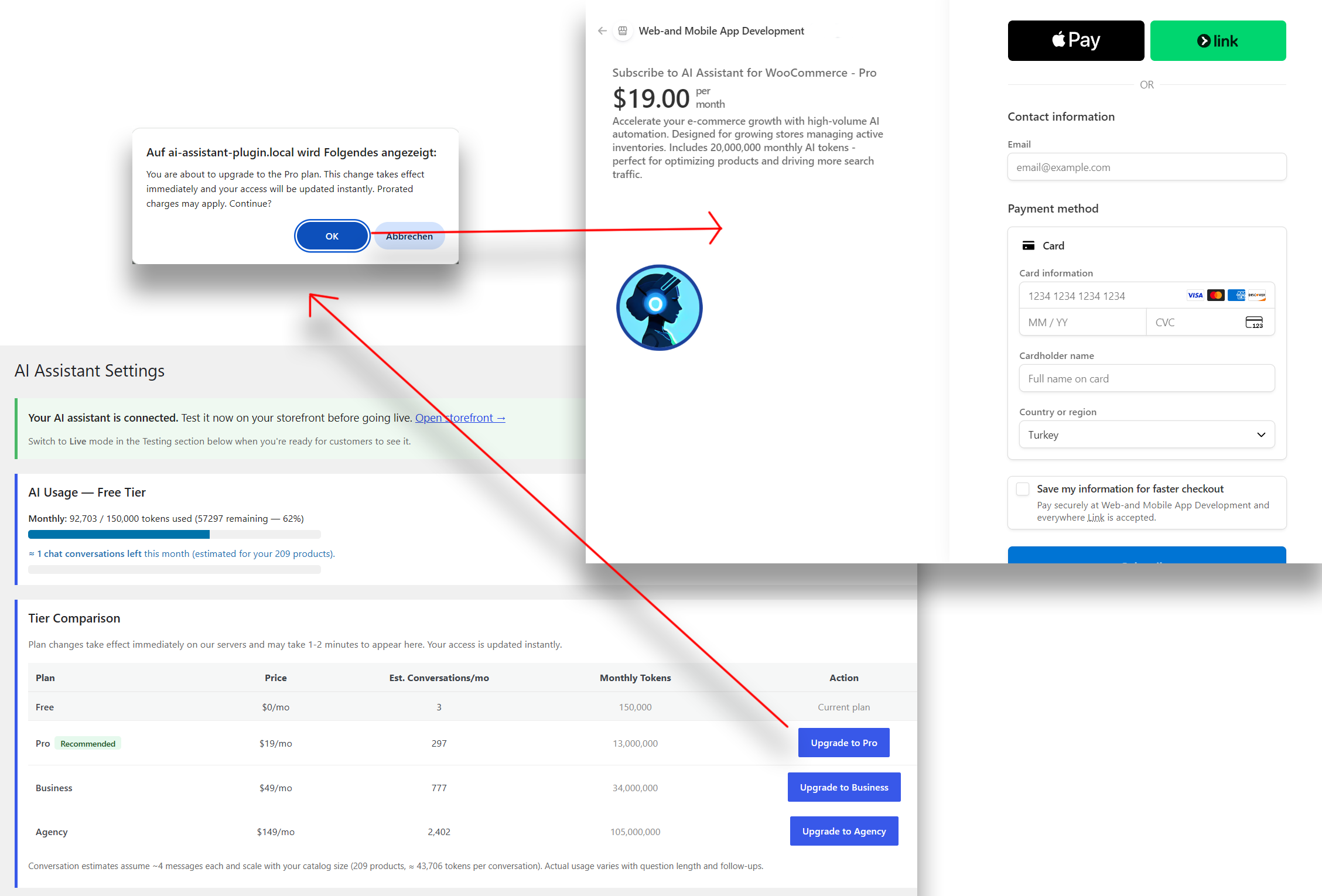 Upgrade flow — Free tier with the "Upgrade to Pro" button, leading to a confirmation alert, and then redirecting to the Stripe checkout window to complete the payment.