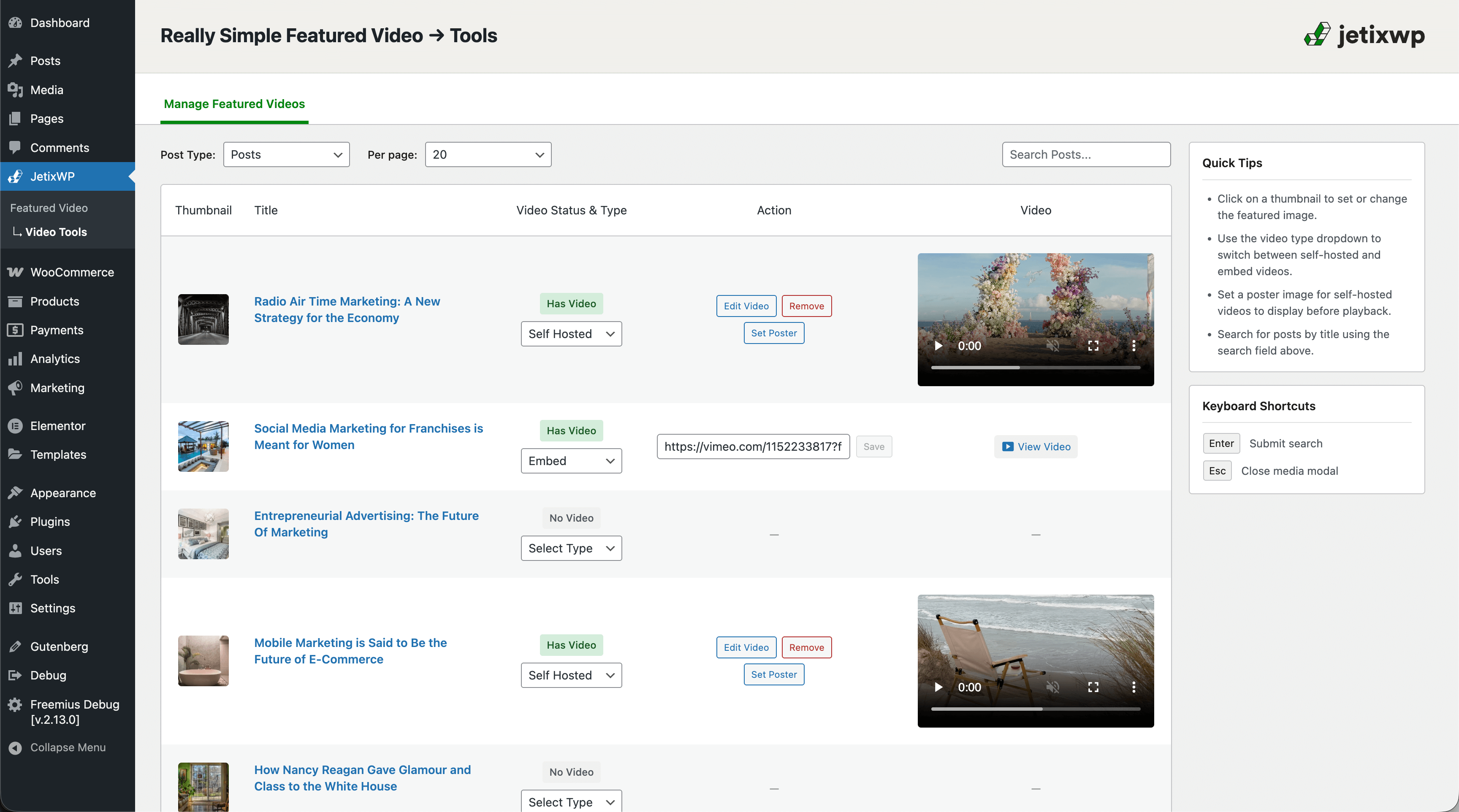 Featured videos management panel for all post types.