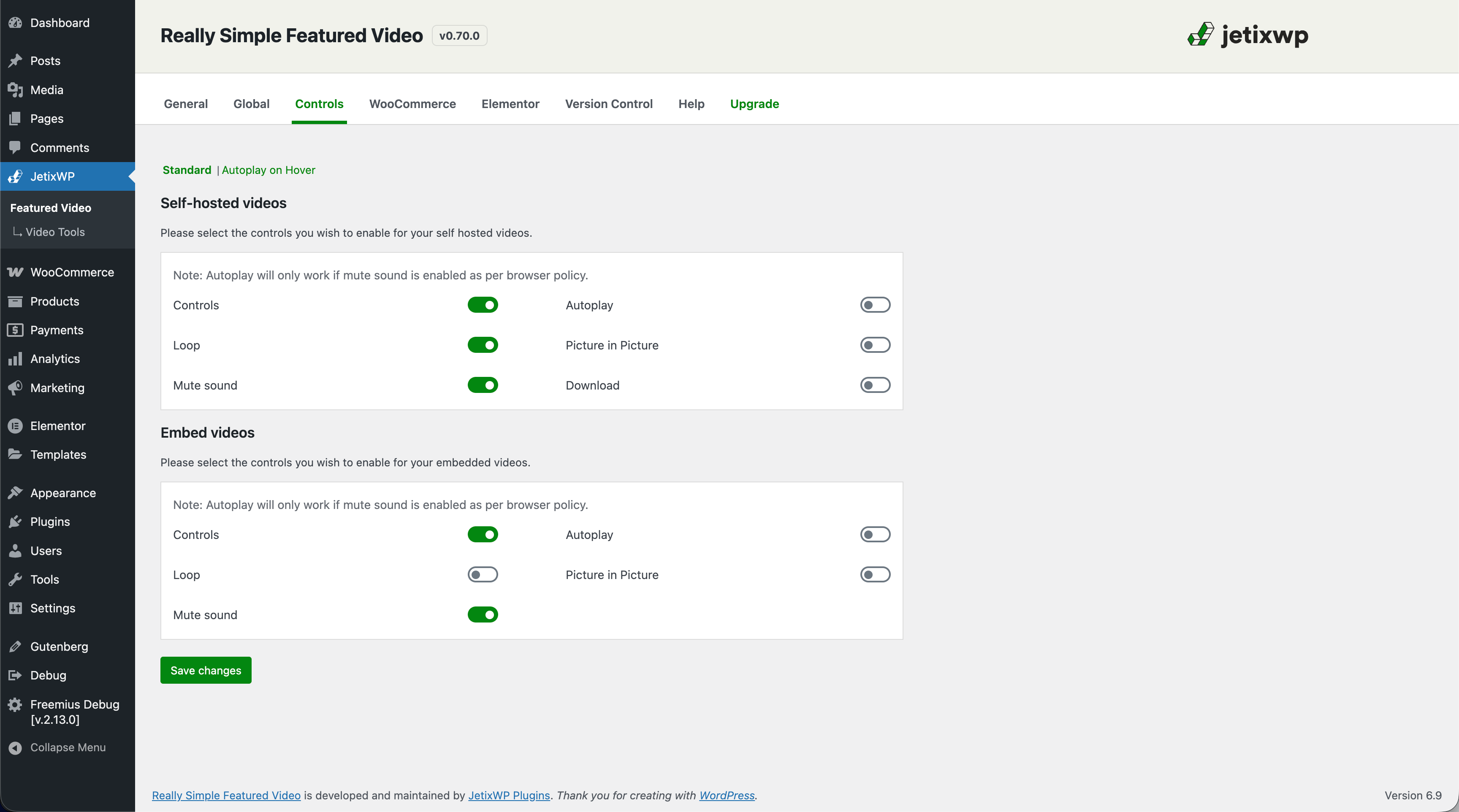 Video playback controls view at Really Simple Featured Video settings.