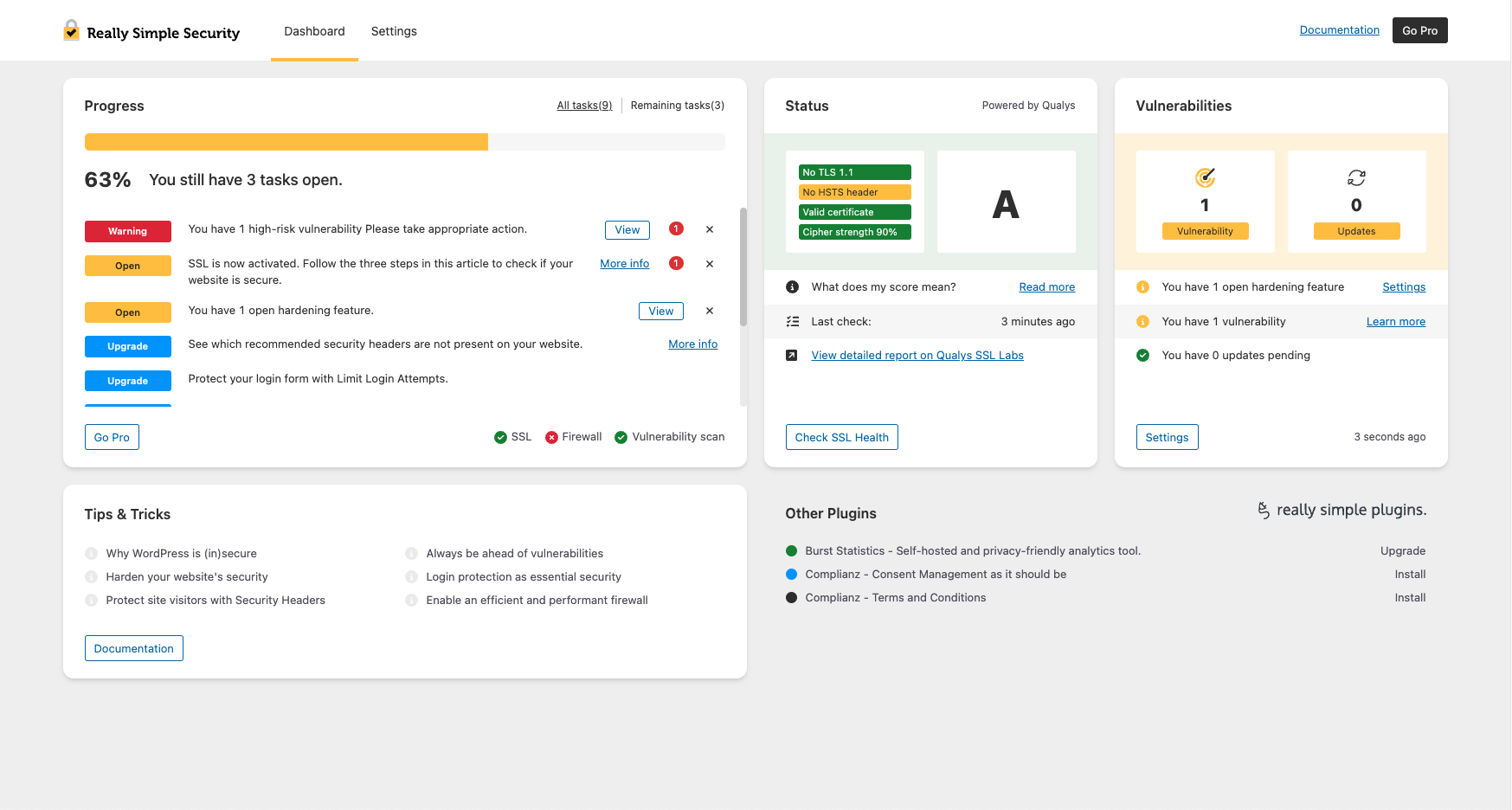 The Really Simple Security Dashboard provides a quick security overview.