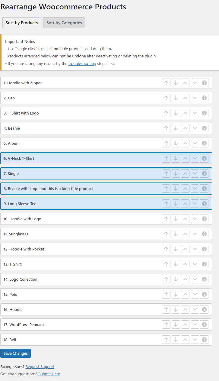 Ability to select multiple products and sort