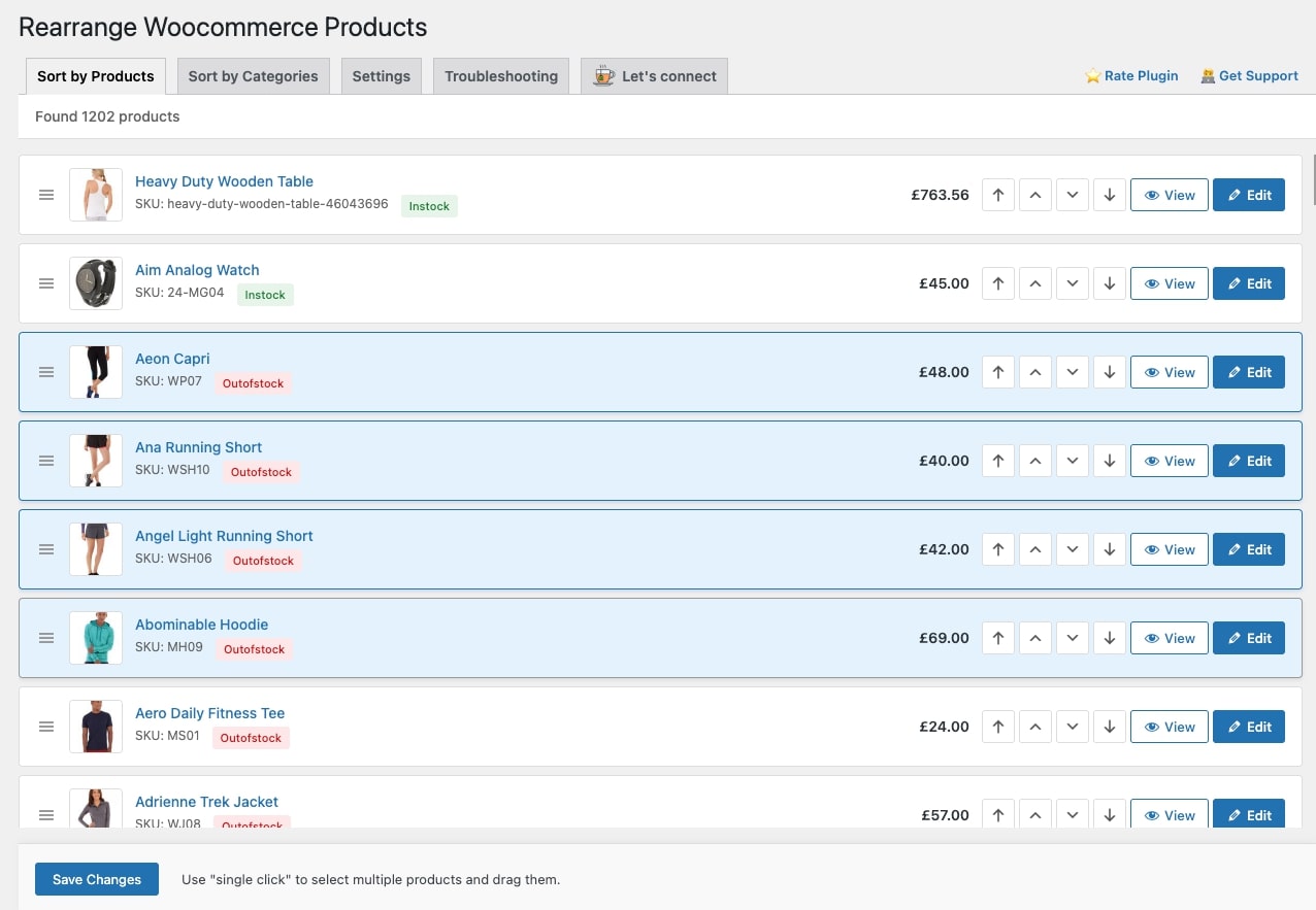 Ability to select multiple products and sort