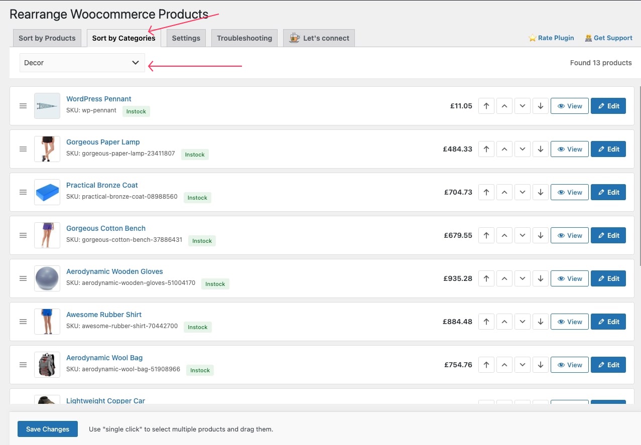 Products sorted by Categories for reordering