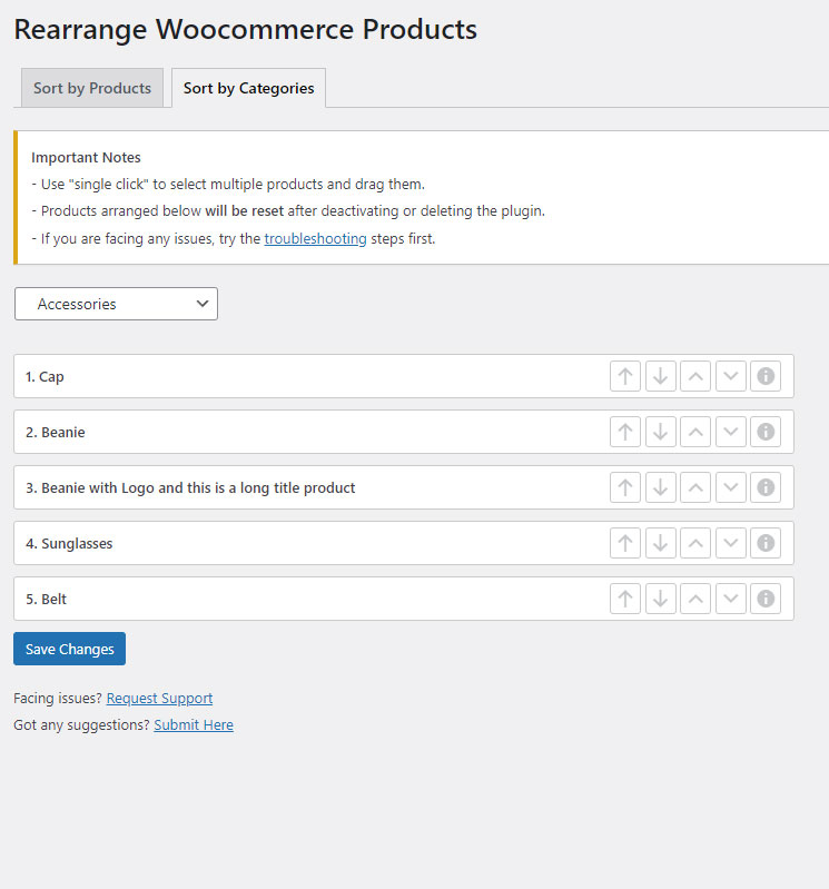 Products sorted by Categories for reordering