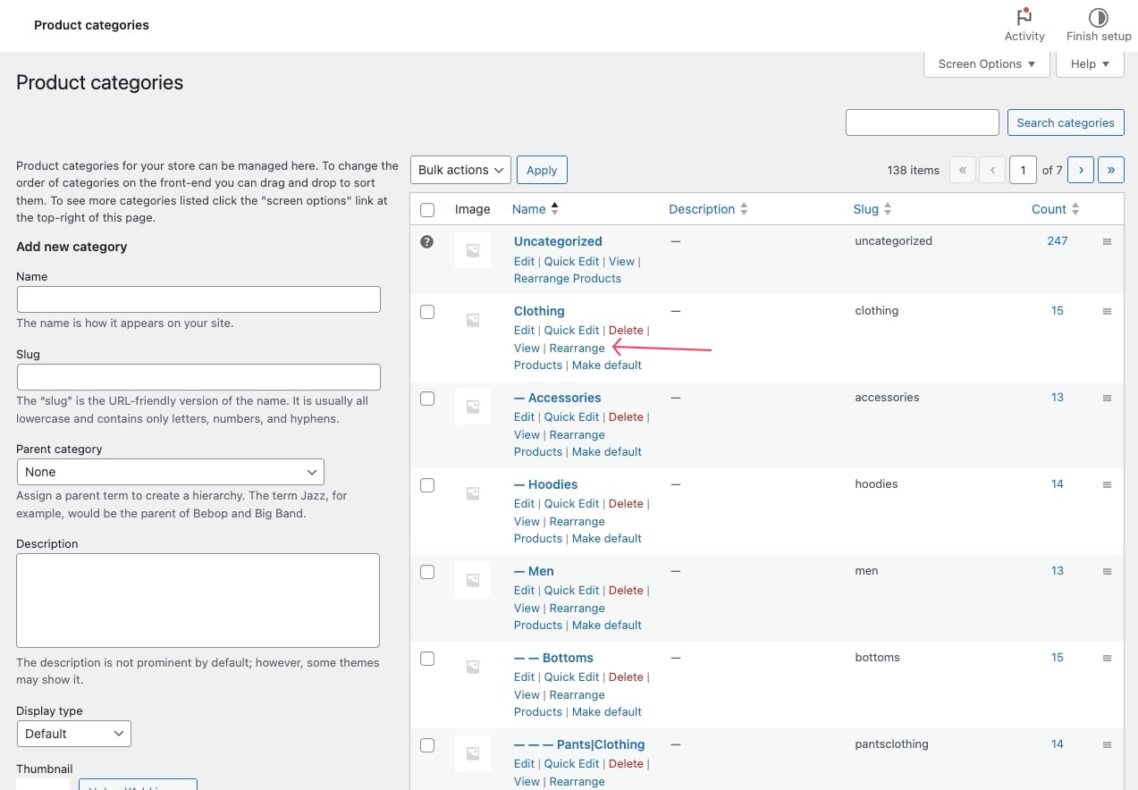 Shortcut link under Categories section to sort by categories