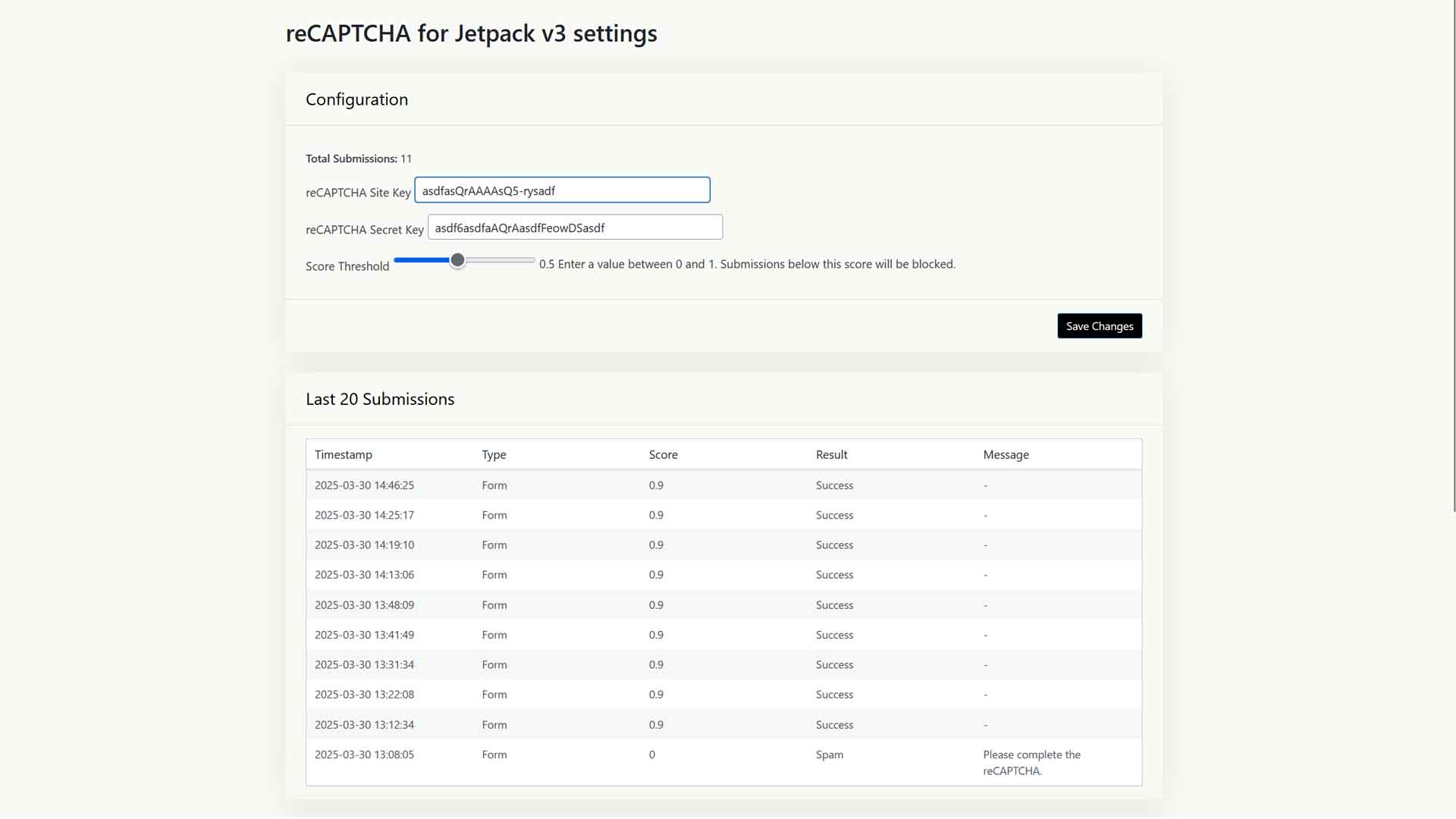 Settings Page: Configure Site Key, Secret Key, v3 Score Threshold, and Debug Mode under Settings > reCAPTCHA for Jetpack.