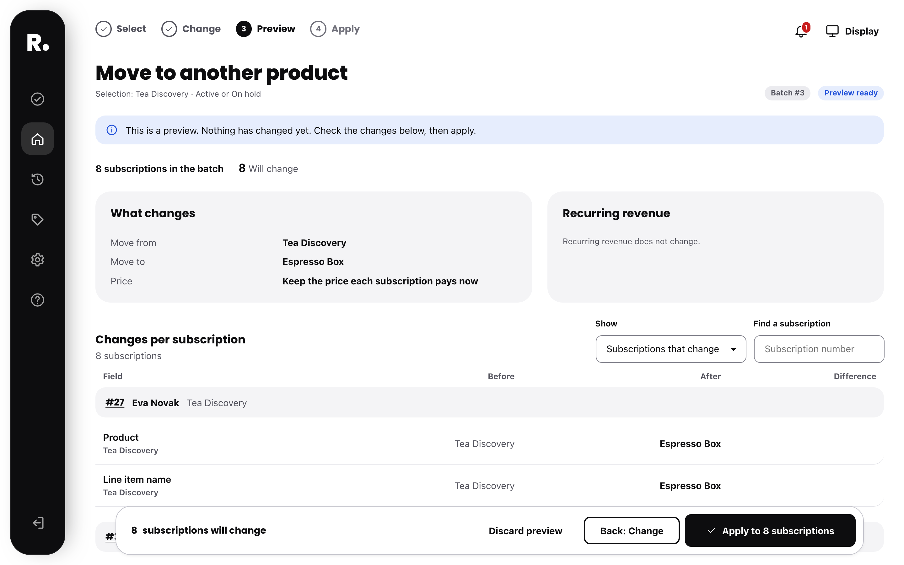 Move subscribers from a product you retire to another product, with a preview of each subscription.