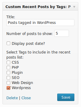 Recent Posts by Tags widget options. Wordpress tag is selected