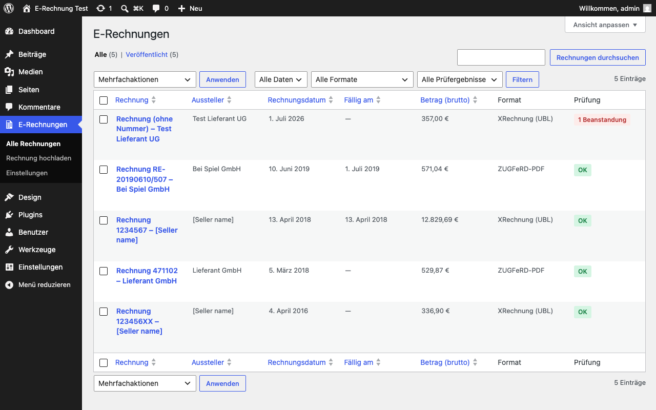 Invoice archive with search and filters / Rechnungsarchiv mit Suche und Filtern
