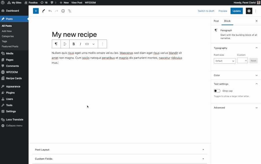 Adding a recipe card to the editor