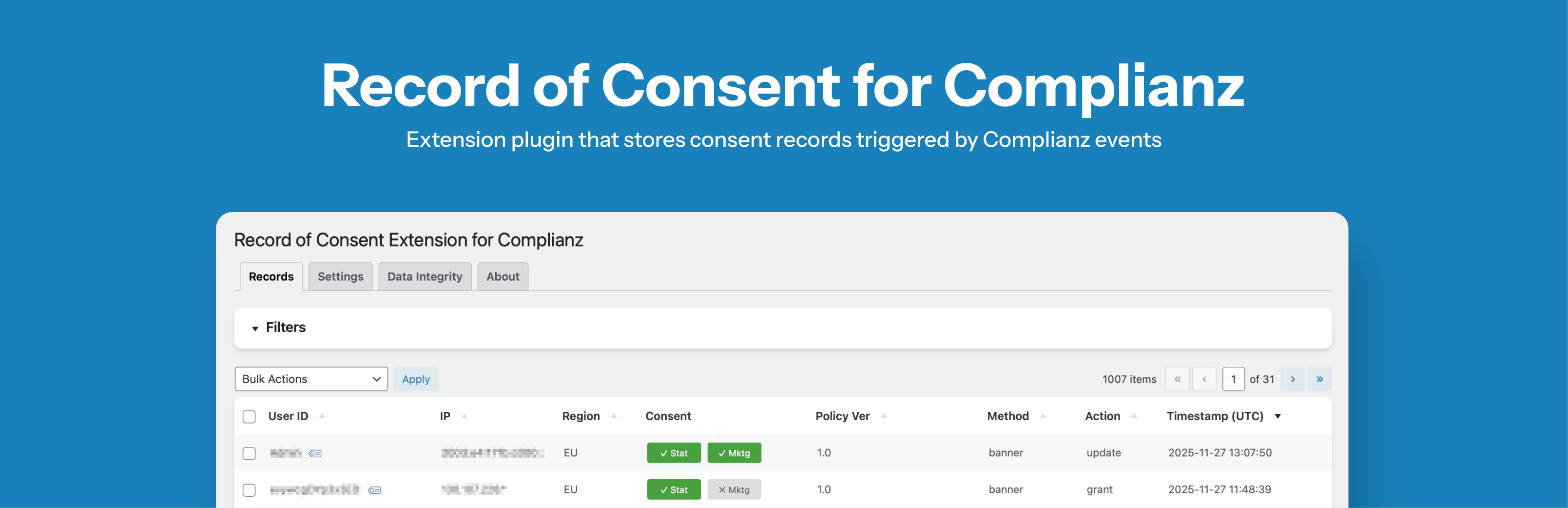 Record of Consent Extension for Complianz