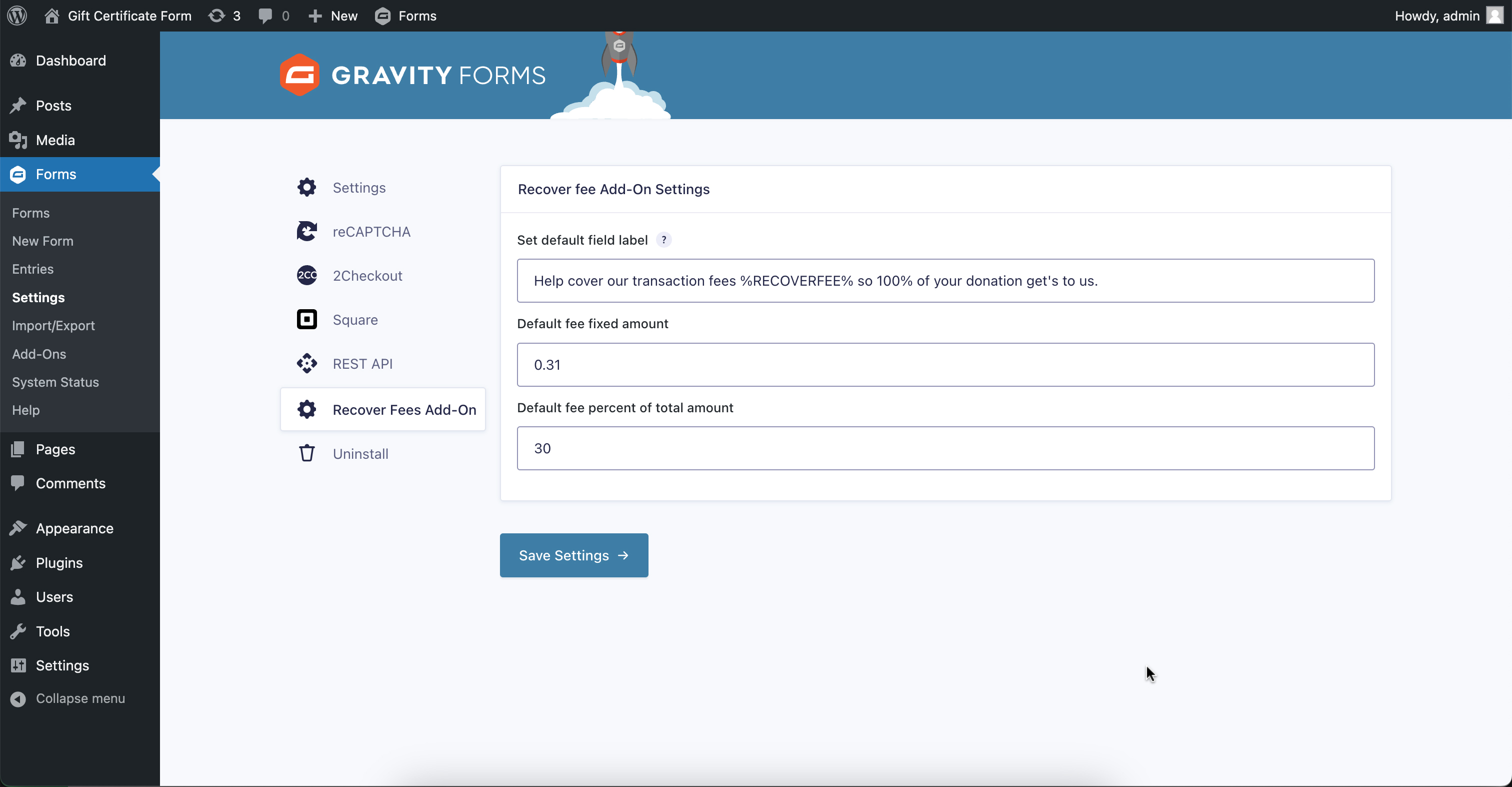 Recover Fees for Gravity Forms Settings
