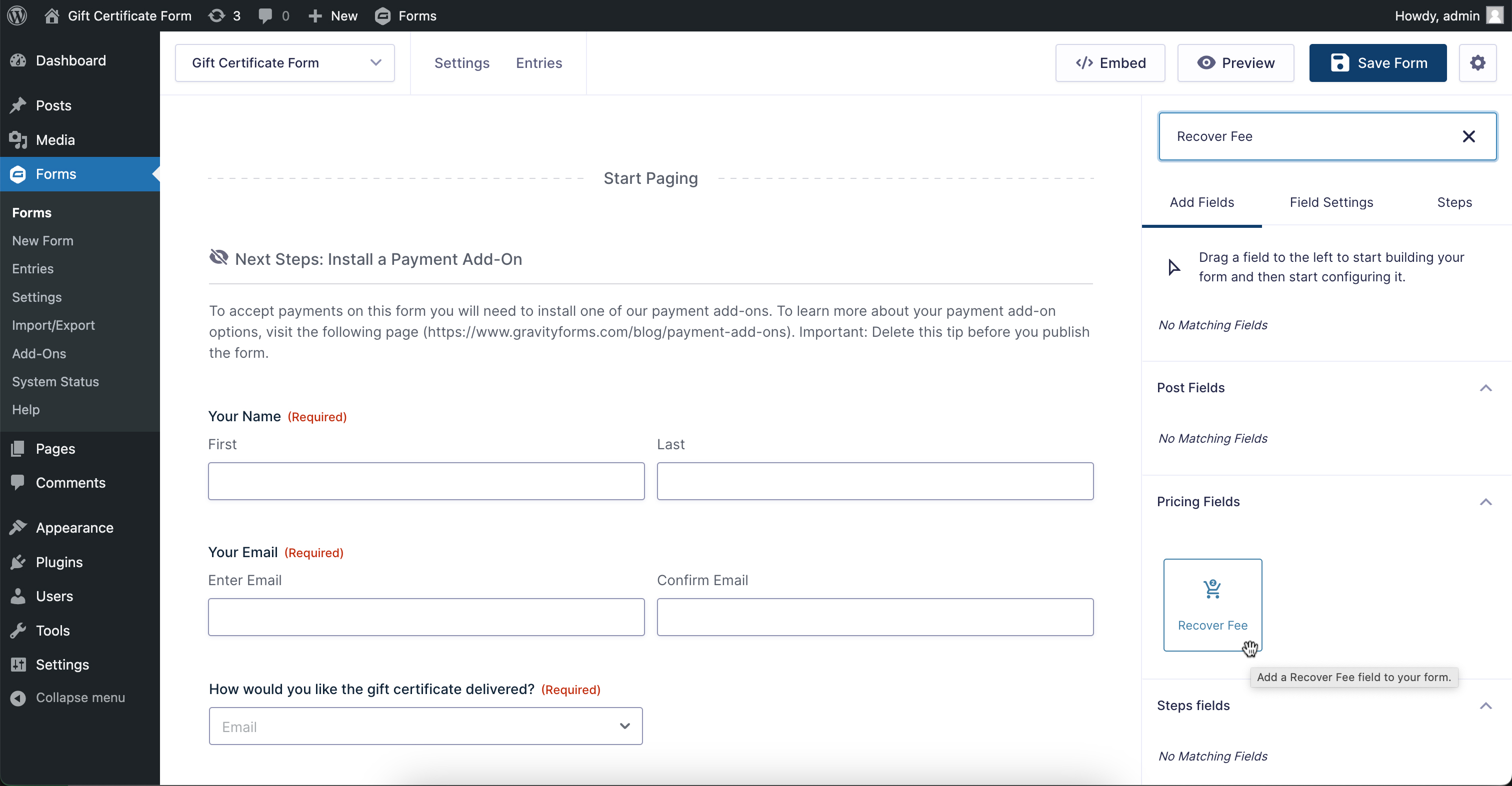 Find Recover Fee field in your Gravity Form