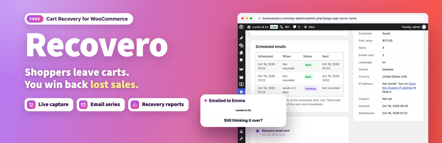 Recovero – Cart Recovery for WooCommerce preview