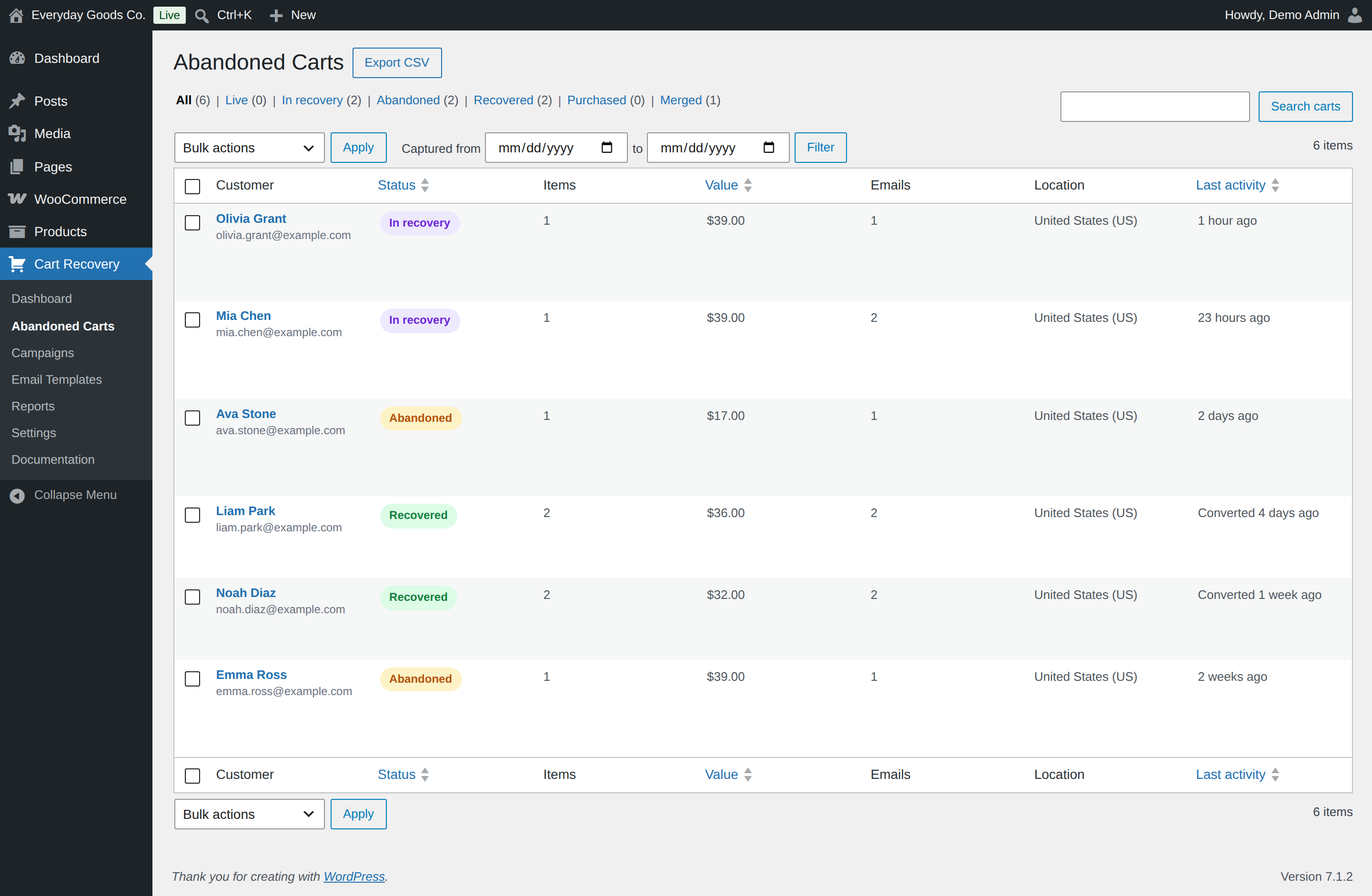 Filter by status or capture date, then export exactly what the list shows with Export CSV.