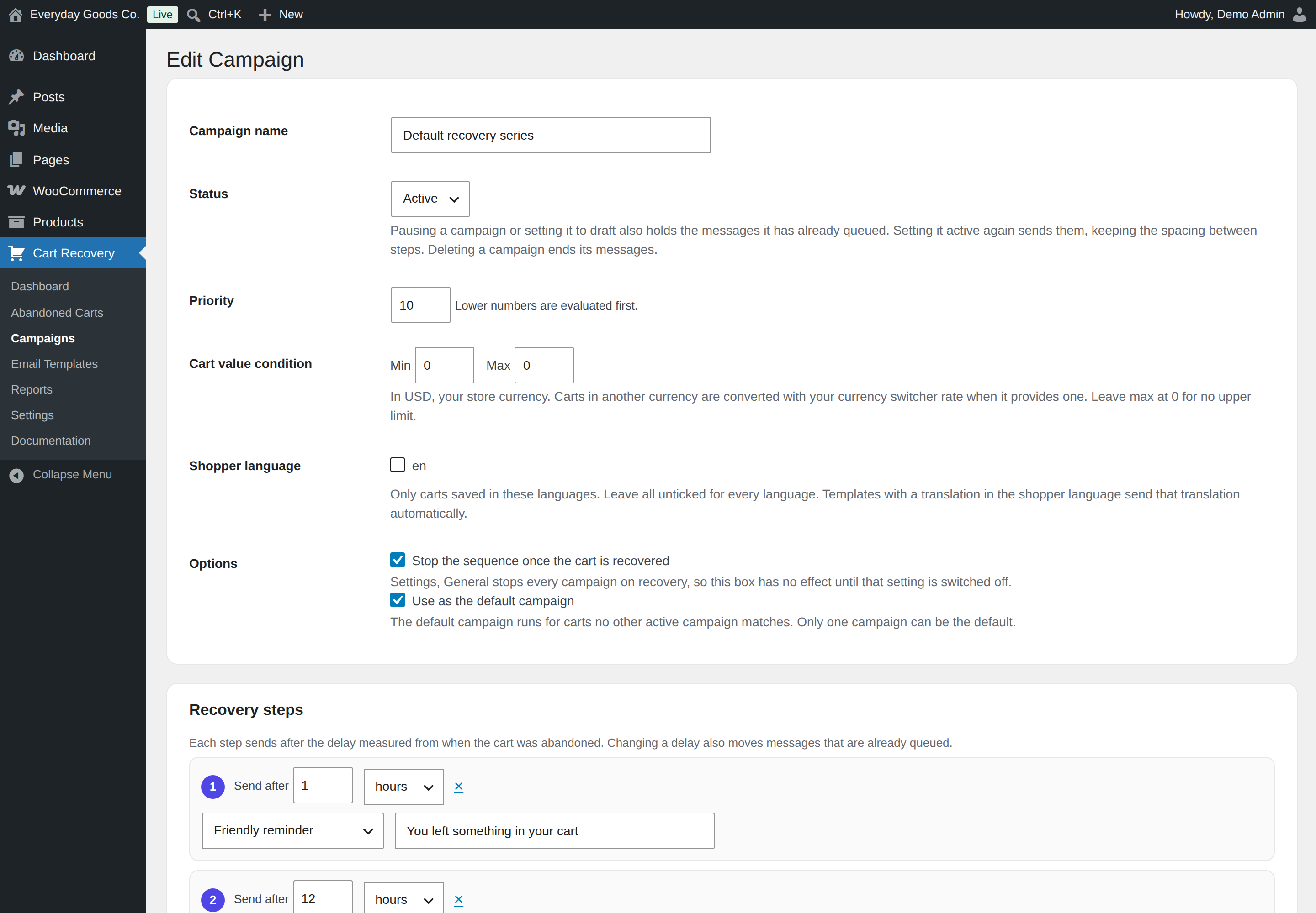 Each step has a delay, a template and an optional subject override.