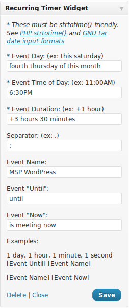 Widget menu in WP-Admin with an example event.