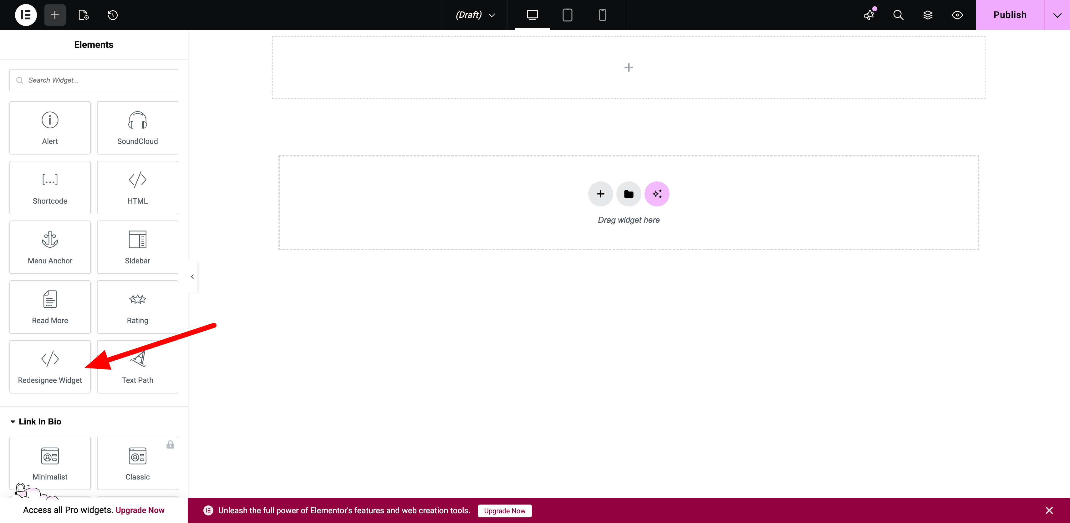 <strong>Elementor Integration:</strong> Drag and drop the Redesignee widget from the Elementor sidebar just like any native element.