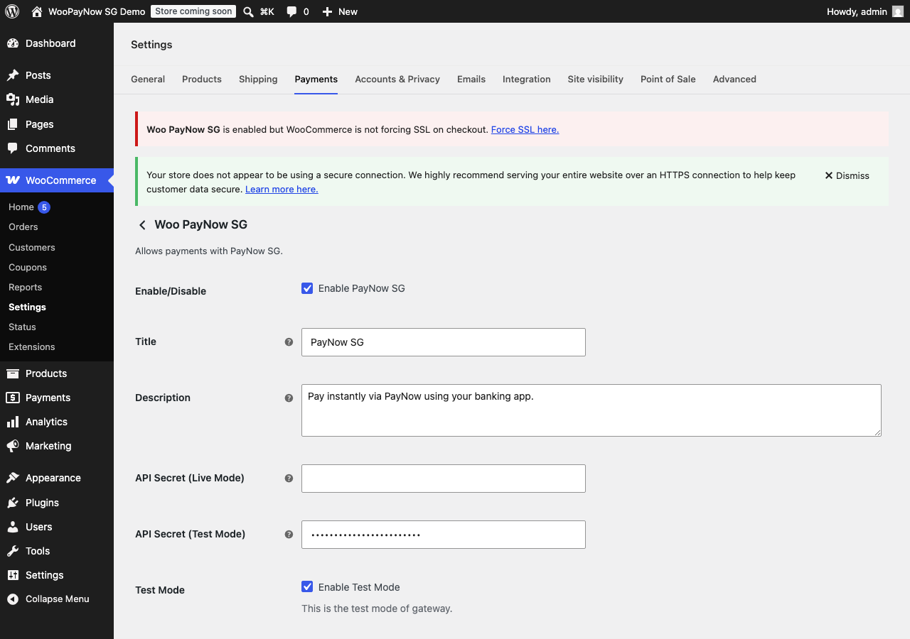 Gateway settings under WooCommerce > Settings > Payments.