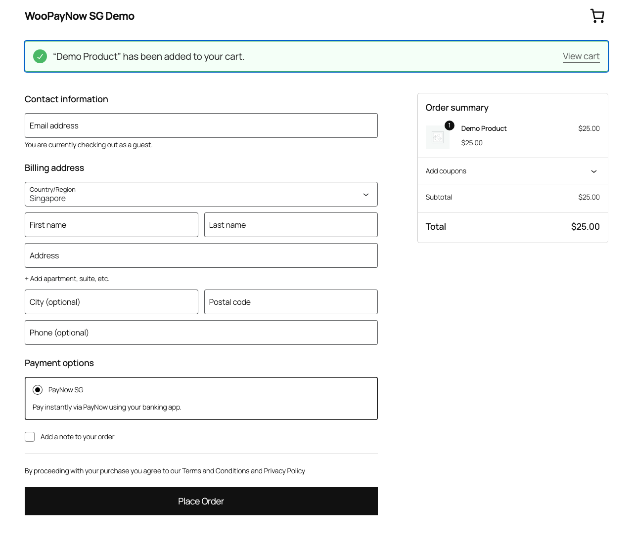 PayNow SG shown as a payment option at checkout.