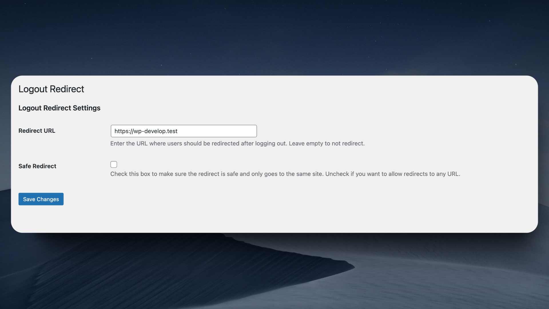 Admin settings page to customize redirect URL and enable safe redirect.