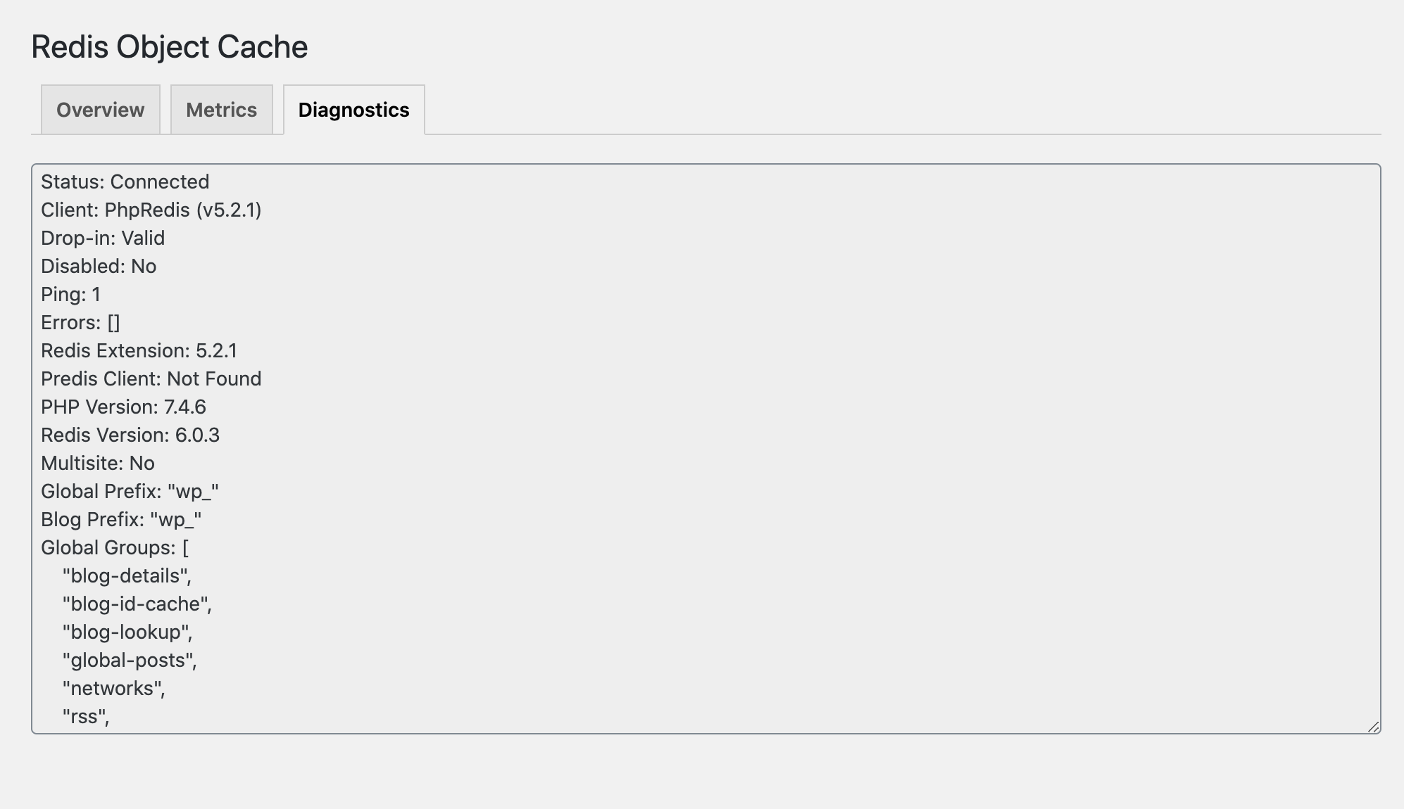 Plugin settings, showing diagnostic information.